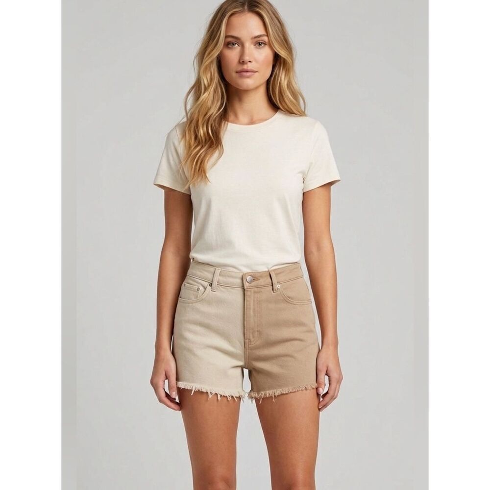 Tan Two Toned Frayed Hem Denim Shorts Color Block Minimalist Size Large New